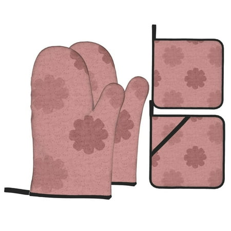 

Oven Mitts and Pot Holders Set Baking 4-Piece Set for Kitchen for Outdoor BBQ Mitts Heat Resistant Cooking Pink Polka Dot Flowers Pattern