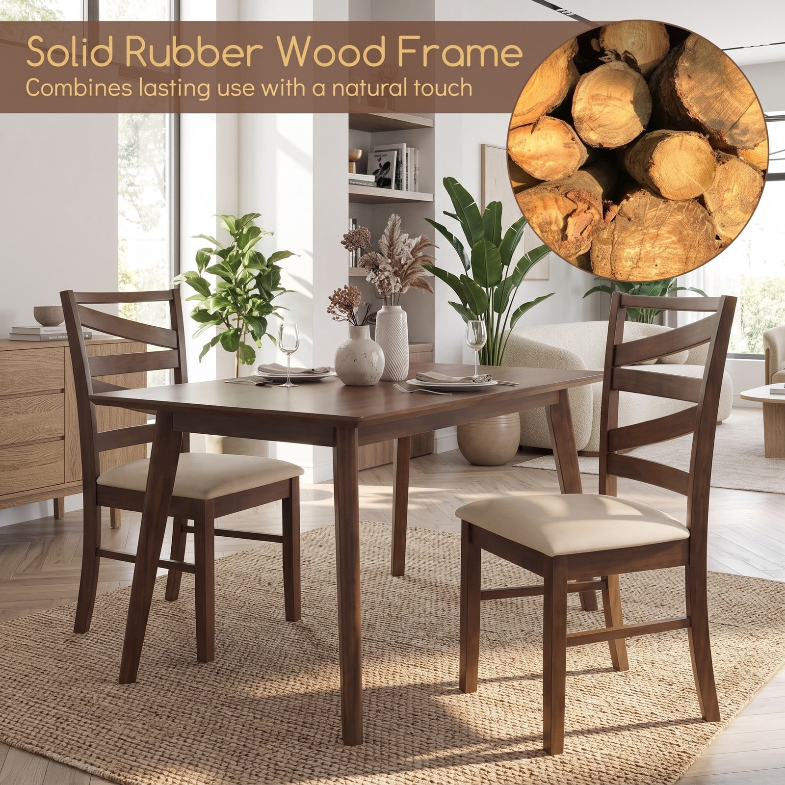 Furnibear Dining Chairs Set of 2, Upholstered Linen Fabric Farmhouse Kitchen Chairs with Tall Backrests and Rubber Wood Frames, 330 lbs Capacity Side Chairs for, Brown