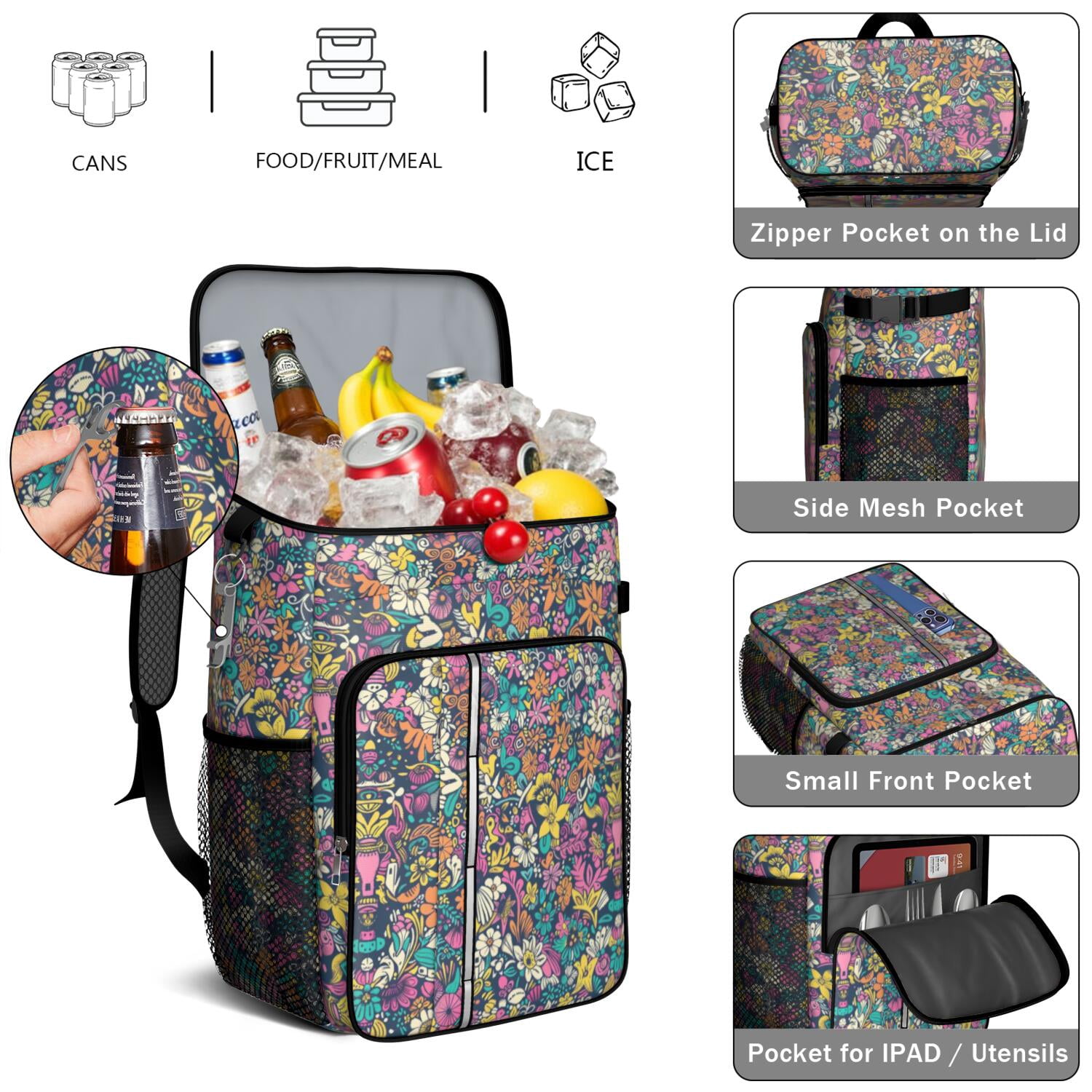 Travel Cooler Bag - Pioneer Flower Camping Beer Cooler Backpack with Bottle Opener- Waterproof Insulated Picnic Backpacks - Cooler Bag for Beach