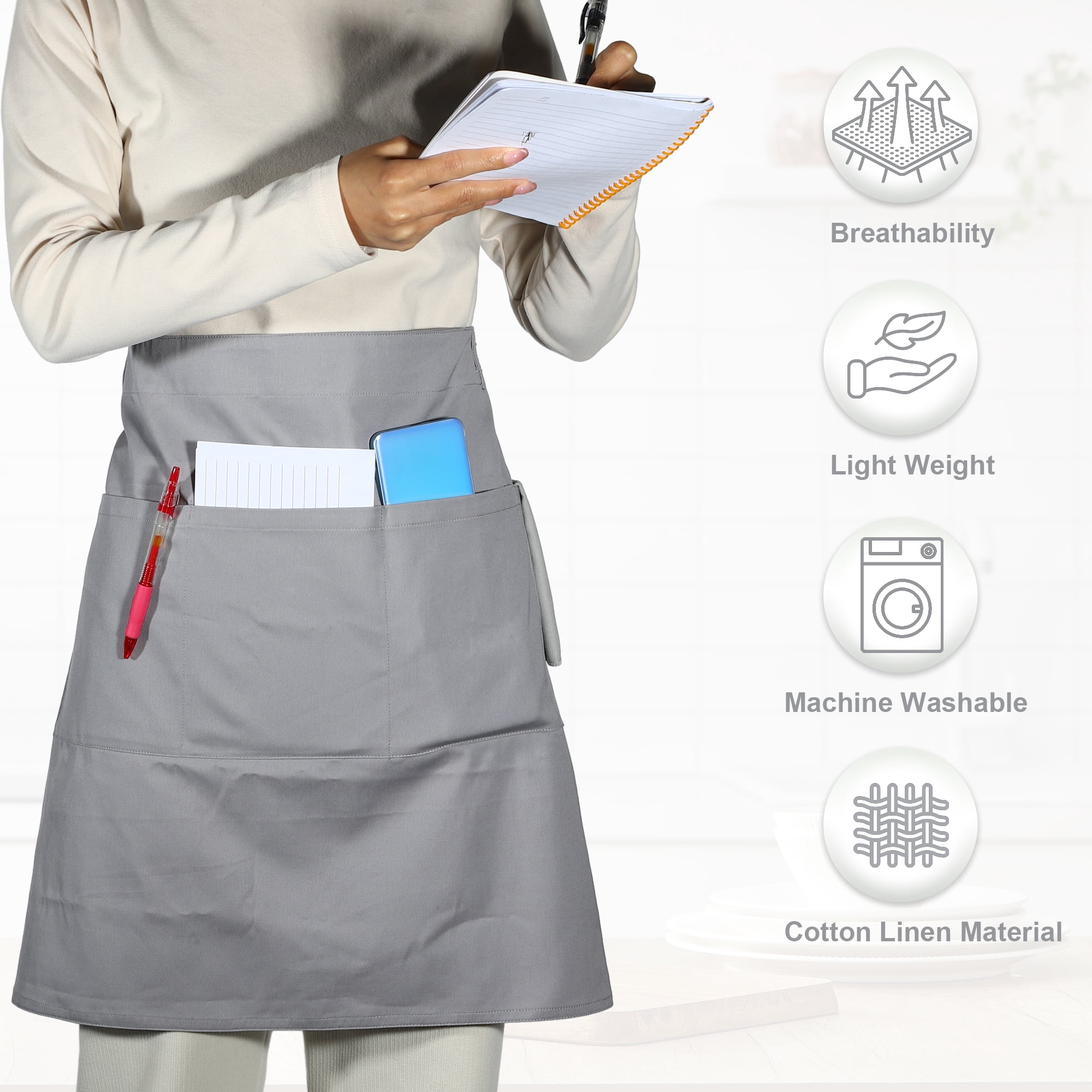 Unique Bargains Serving Cooking Versatile Waist Apron with Pockets Gray
