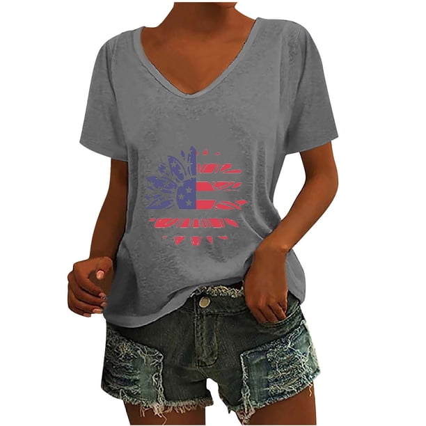 Camisetas Casuales de las Mujeres Gradiente Día de la Independencia Impreso Cuello Redondo, Blusa de Manga Corta para Diario, Fiesta Y Primavera Verano