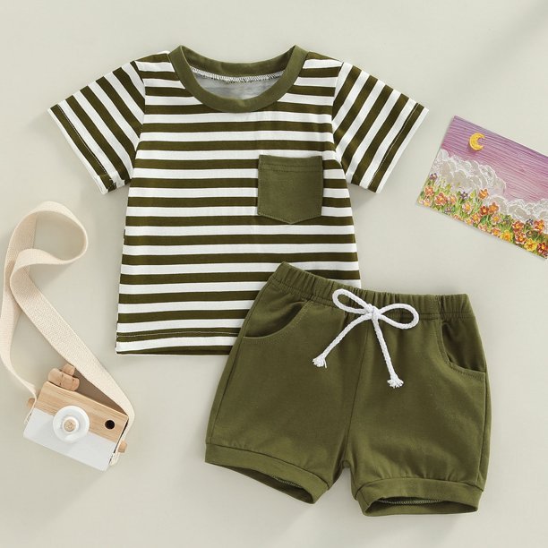 Conjunto De Trajes De Ropa De Verano Conjunto de ropa de verano para bebé niño Conjunto de ropa de manga corta de 2 piezas Trajes de cuello redondo Ygjytge para Niño ejercito verde T L