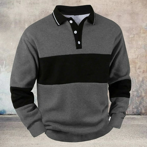 QHRMKOG Long Sleeve Polo Shirts for Men Comfort Color Block Golf Shirt Relaxed Fit Collared Golf Tshirt Trendy Pullover Top Black 2XL