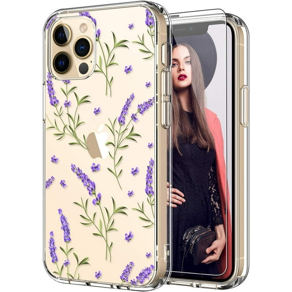 ICEDIO iPhone 12 Case with Screen Protector,iPhone 12 Pro Case,Clear with Cute Purple Lavender Floral Flower Patterns for Girls Women,Slim Fit TPU Cover Protective Phone Case for iPhone 12/12 Pro 6.1"