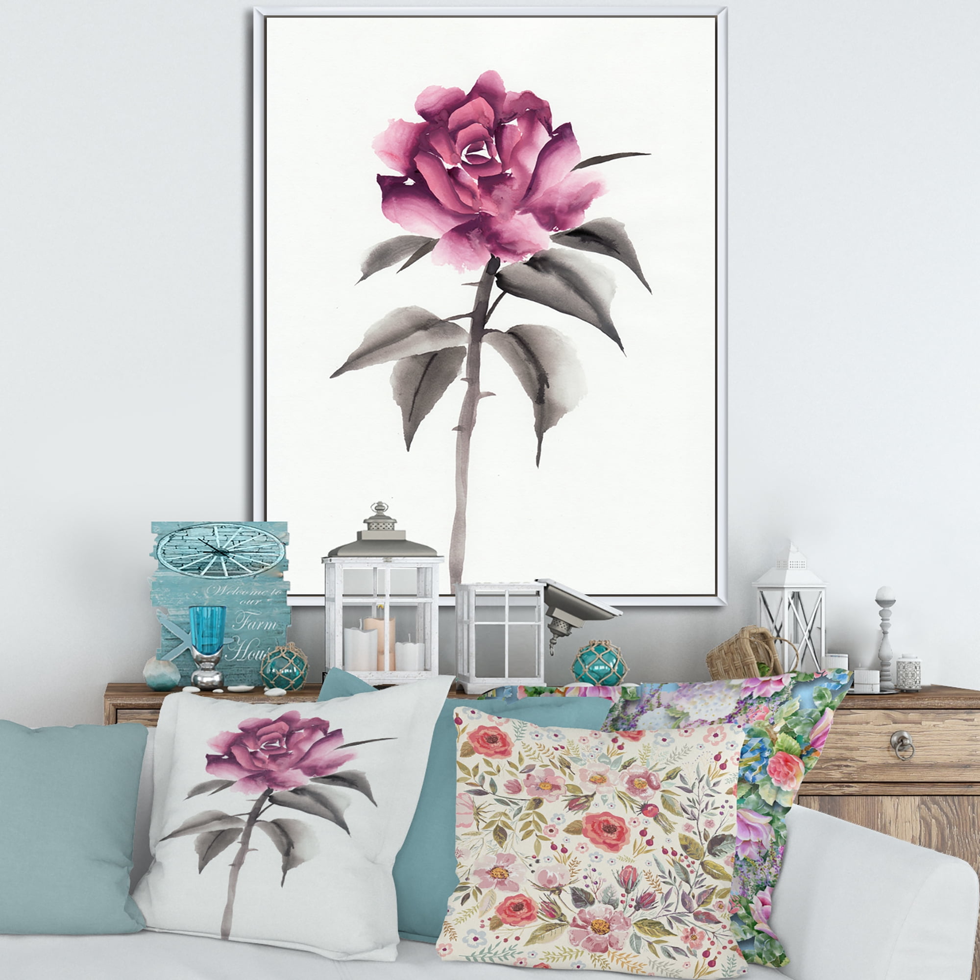 Designart 'Ancient Pink Rose Flower' Traditional Framed Canvas Wall Art Print