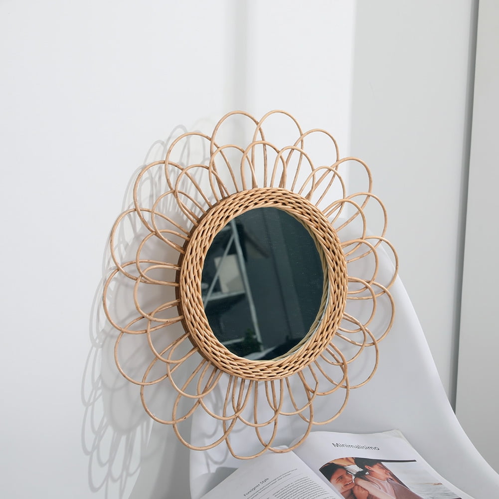 Hanging Circular Wall Mirror Rattan Wicker Dressing Makeup Decorative Mirrors 