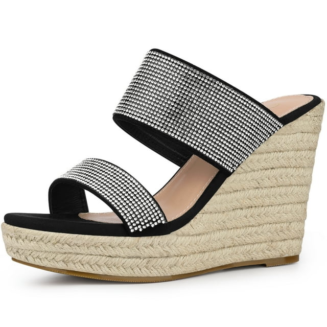 BLISSFUL STEP Sandales Compensées Noires à Plateforme avec Strass pour Femmes 10 m US