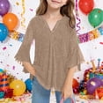 thumbnail image 2 of XAOFW Girl's T-Shirts Glitter Sequins Mesh 3/4 Sleeve V Neck T Shirts Streetwear Comfort Fit Tee Shirt Outdoor Activities Soft Comfortable Top, 2 of 4