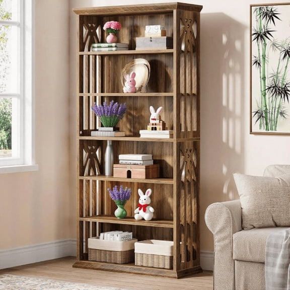 6-Tier Rustic Bookshelf, Brown Finish with Elegant Patterns, Adjustable Shelves, 350lb Capacity for Living Room/Office