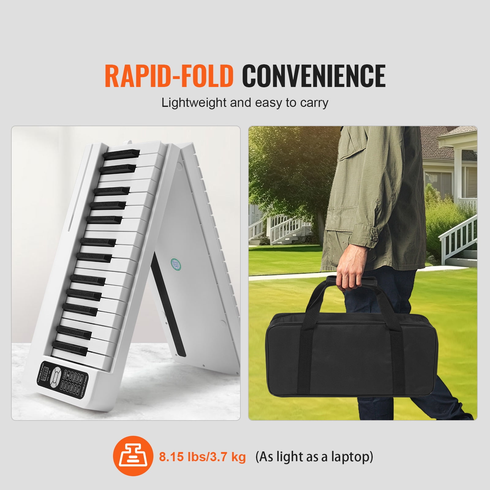 KFFKFF 61 Key Folding Piano Keyboard, Bluetooth & MIDI, Compact Electronic Digital Foldable Piano with Sustain Pedal, Touch Responsive Illuminated Keys Bag