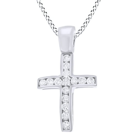 Set Round Diamond Cross - Round Cut Natural Diamond Channel Set Mini Cross Pendant Necklace In 14K Solid White Gold