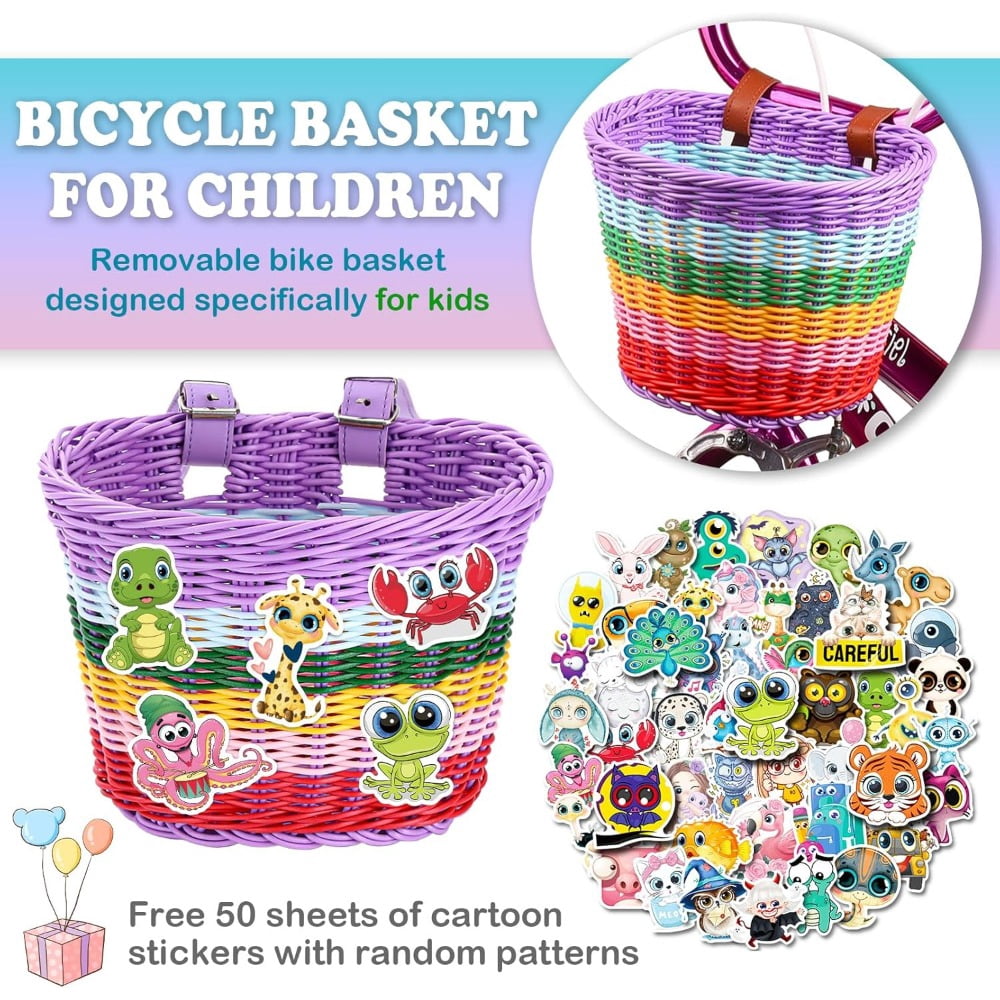 Bike Basket Kids Front,Premium Hand-Woven Rainbow Bicycle Basket,Cute Adults Boys Girls Bike Basket,Tricycle Cruiser Bikes & Folding Bike Basket