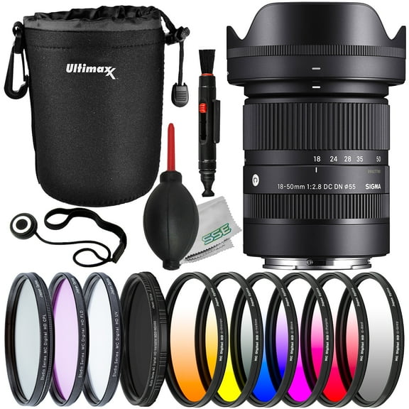 Sigma 18-50mm f/2.8 DC DN Contemporary Lens for Sony E with Essential Accessory Bundle: Variable Neutral Density Filter (ND2 - ND400), 3PC Multi-Coated Digital HD UV Filter Kit & More