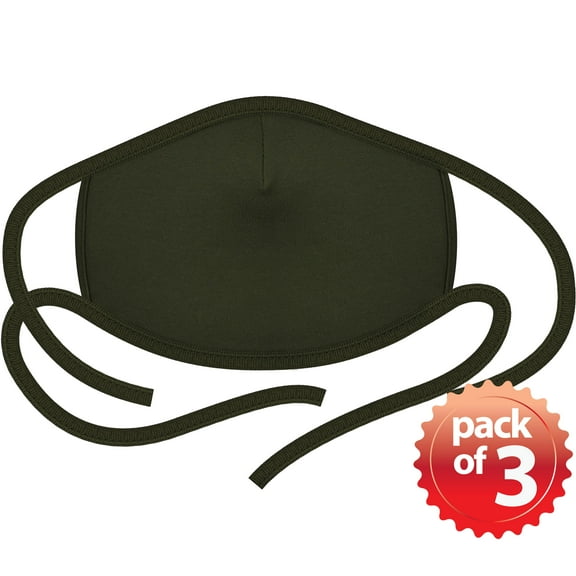 Reusable Adult Khaki Green Cotton Face Covering Mask Pack of 3, Filter Pocket, Adjustable Tie