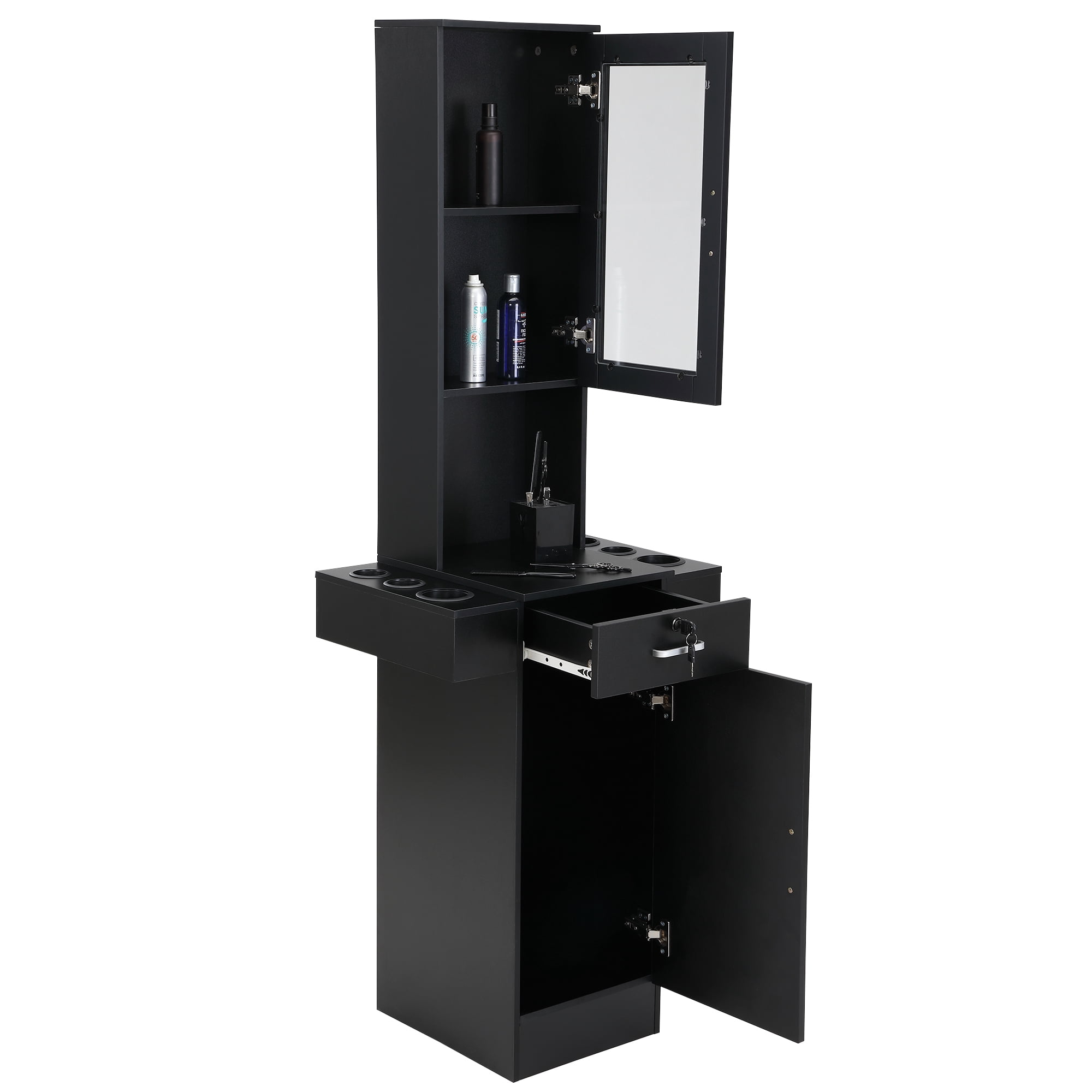 Spaco Classic Barber Station, Salon Station with Locking Drawer, Glass Door, Storage Cabinets, Dryer Holders, Wood Hair Styling Equipment, Black,