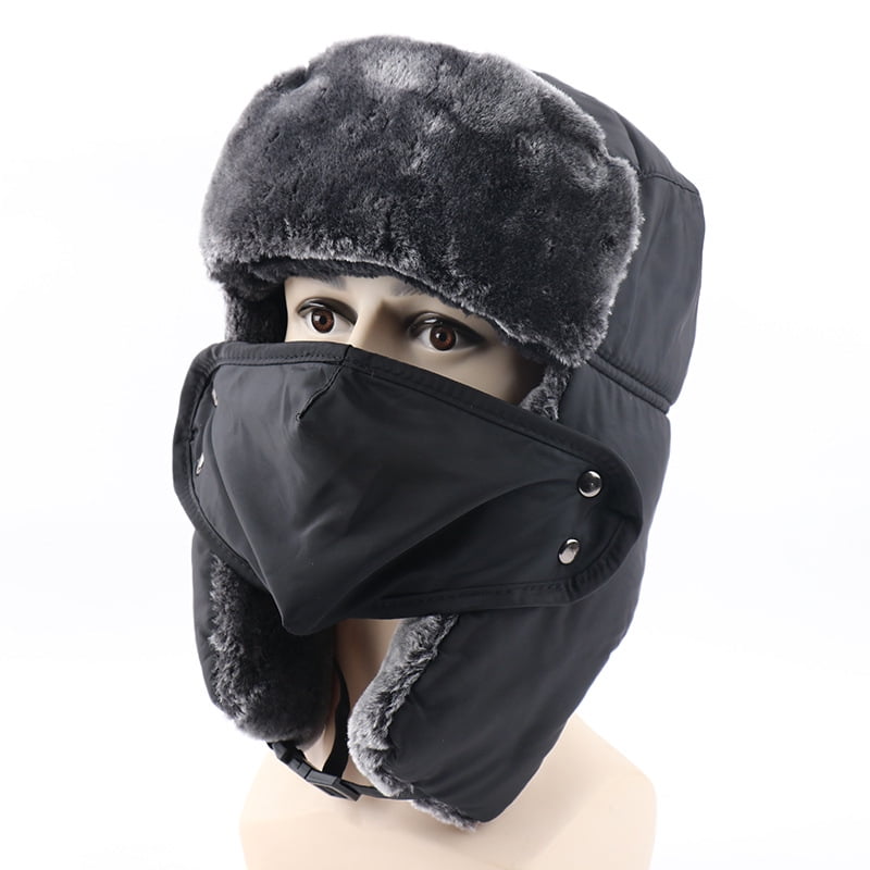 Okli_Rsoe Unisex Winter Trapper Hat, Waterproof Warm Faux Fur Ski Cap with Mask, Black
