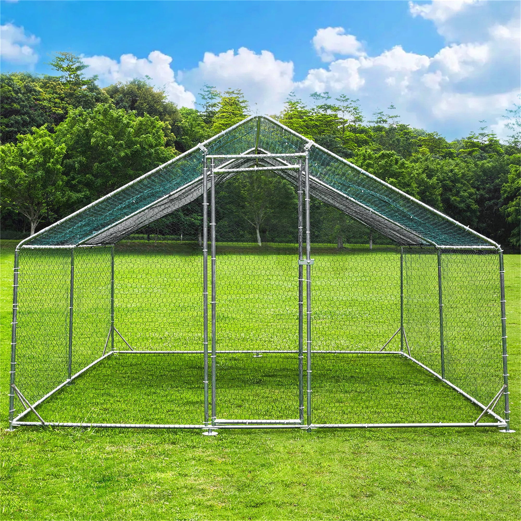 Aukfa Chicken Coop, 13 ft Large Chicken Run Cage Outdoor, Heavy Duty Spire Shaped Metal Frame, Silver