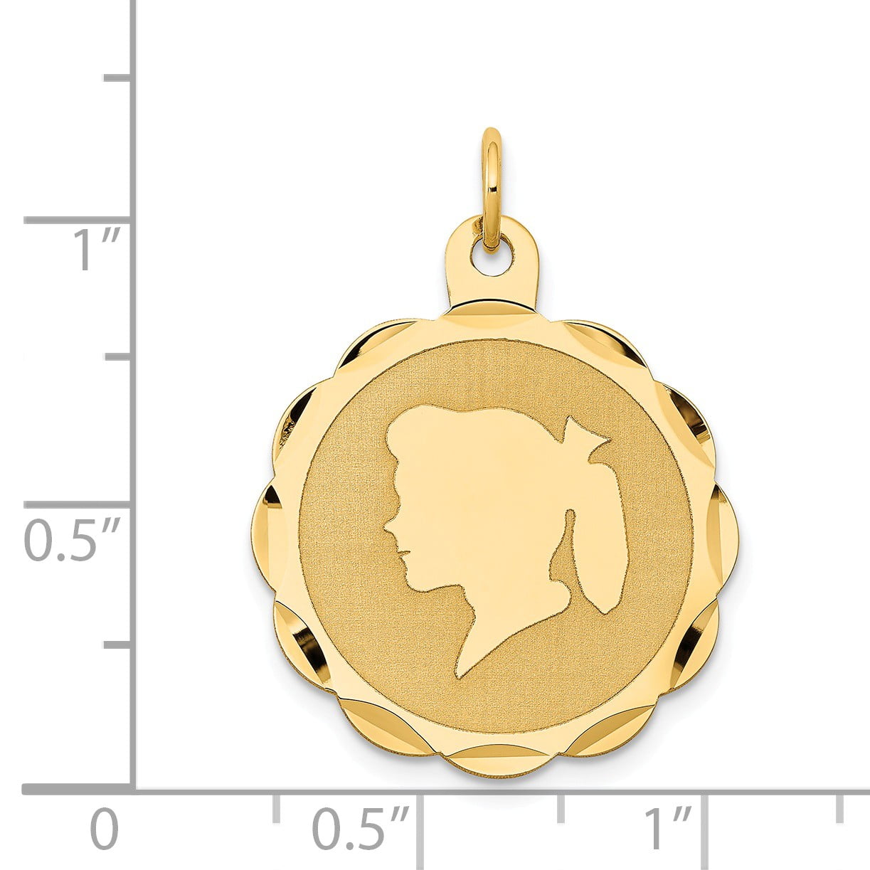 29mm x 4mm Solid 14k Yellow Gold Girl Head on .018 Gauge Engravable Scalloped Disc Charm Pendant