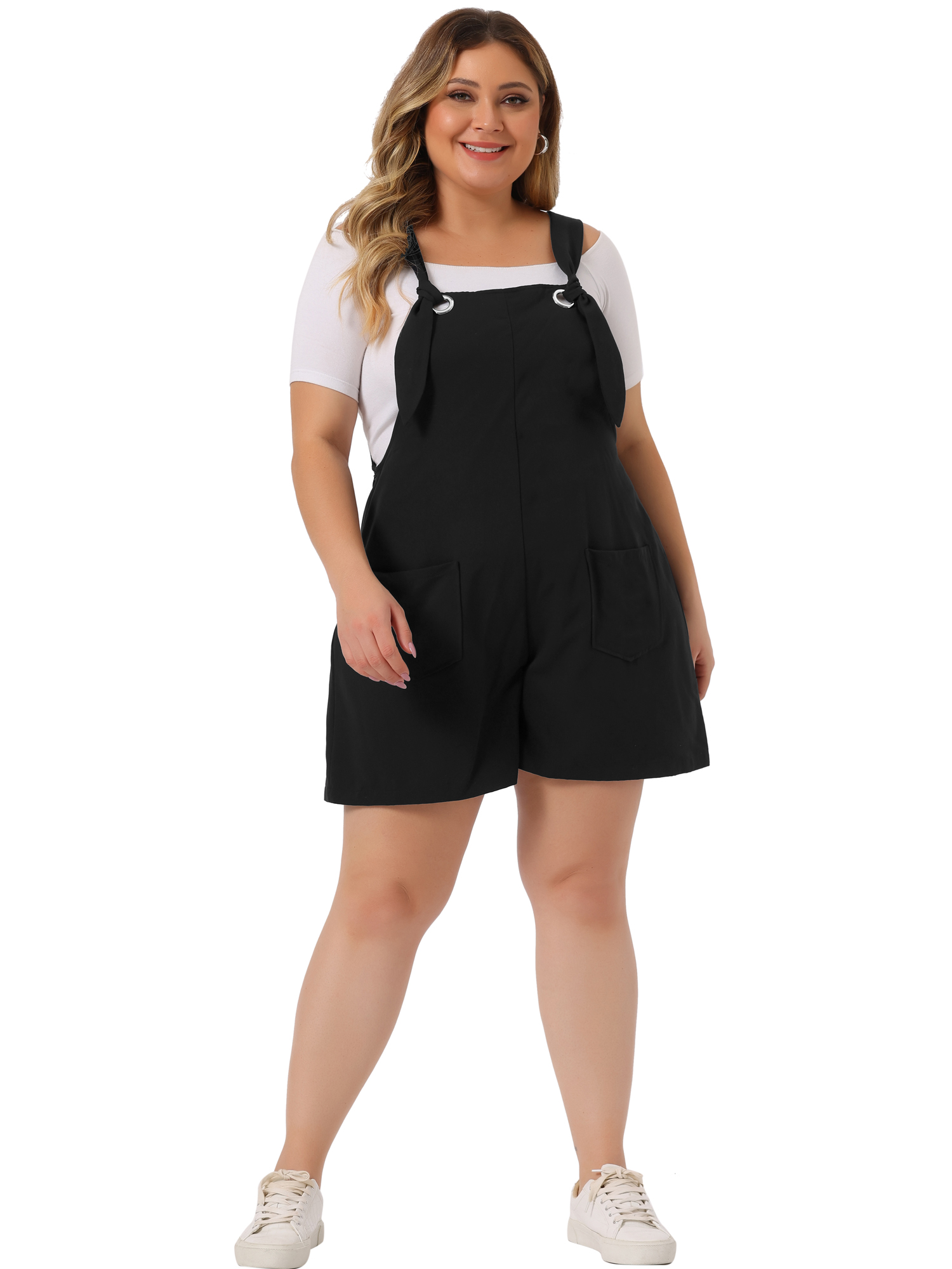 DARING DIVA Women's Plus Sleeveless Square Neck Tie Shoulder Romper Shorts 4X Black