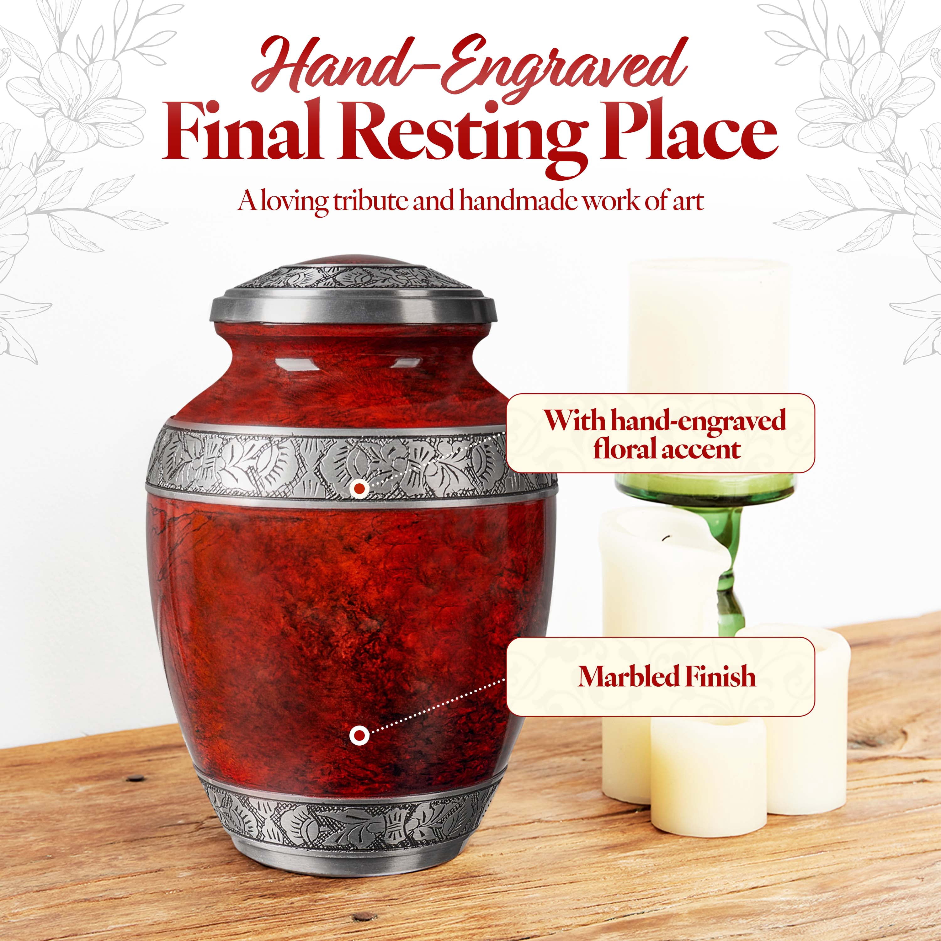 Cremation Urn for Adult Human Ashes -Hand Engraved Name Large Handcrafted Funeral Memorial with Striking Red Design (Aluminum - 10 Inch Height x 7 Inch Width)