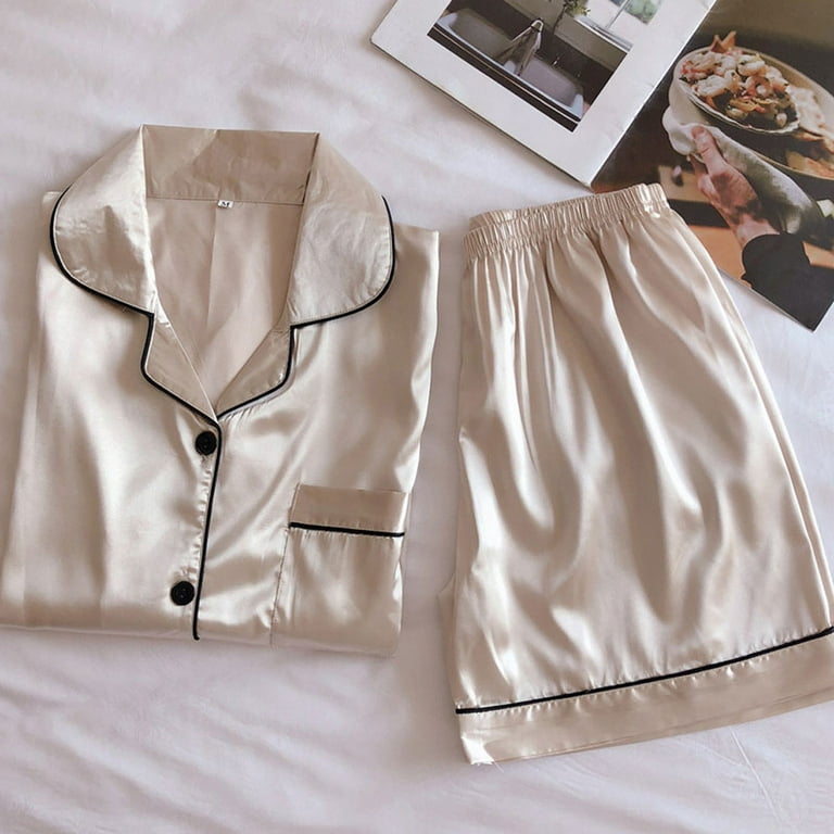 FAFWYP Pajamas for Women,Nightgown for Women,Womens Silk Satin Button Dow  Pajamas Sets Casual Comfy Short Sleeve Top + Short Pjs Set Loungewear