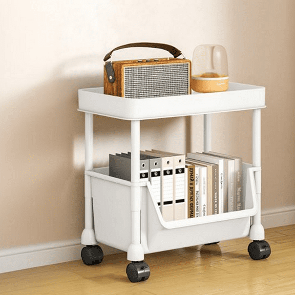 Bxaolu 2-Tier Plastic Rolling Utility Cart, Multi-Functional Storage Trolley for Office, Living Room, Kitchen, Movable Storage Organizer with Wheels, White