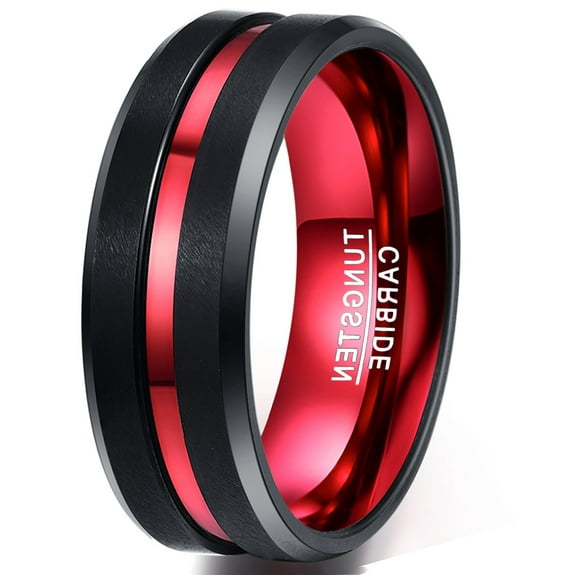 8mm Black Tungsten Rings for Men Women Red Groove Wedding Bands Beveled Edges Comfort Fit Size 4-16