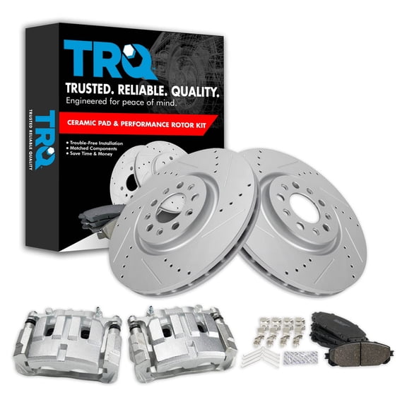 TRQ Front Performance Brake Pad & Rotor Kit Brake Caliper Brake Pads Brake Rotors Set Ceramic Vented Premium G-Coated Fits Select 2016-2019 Jeep Cherokee
