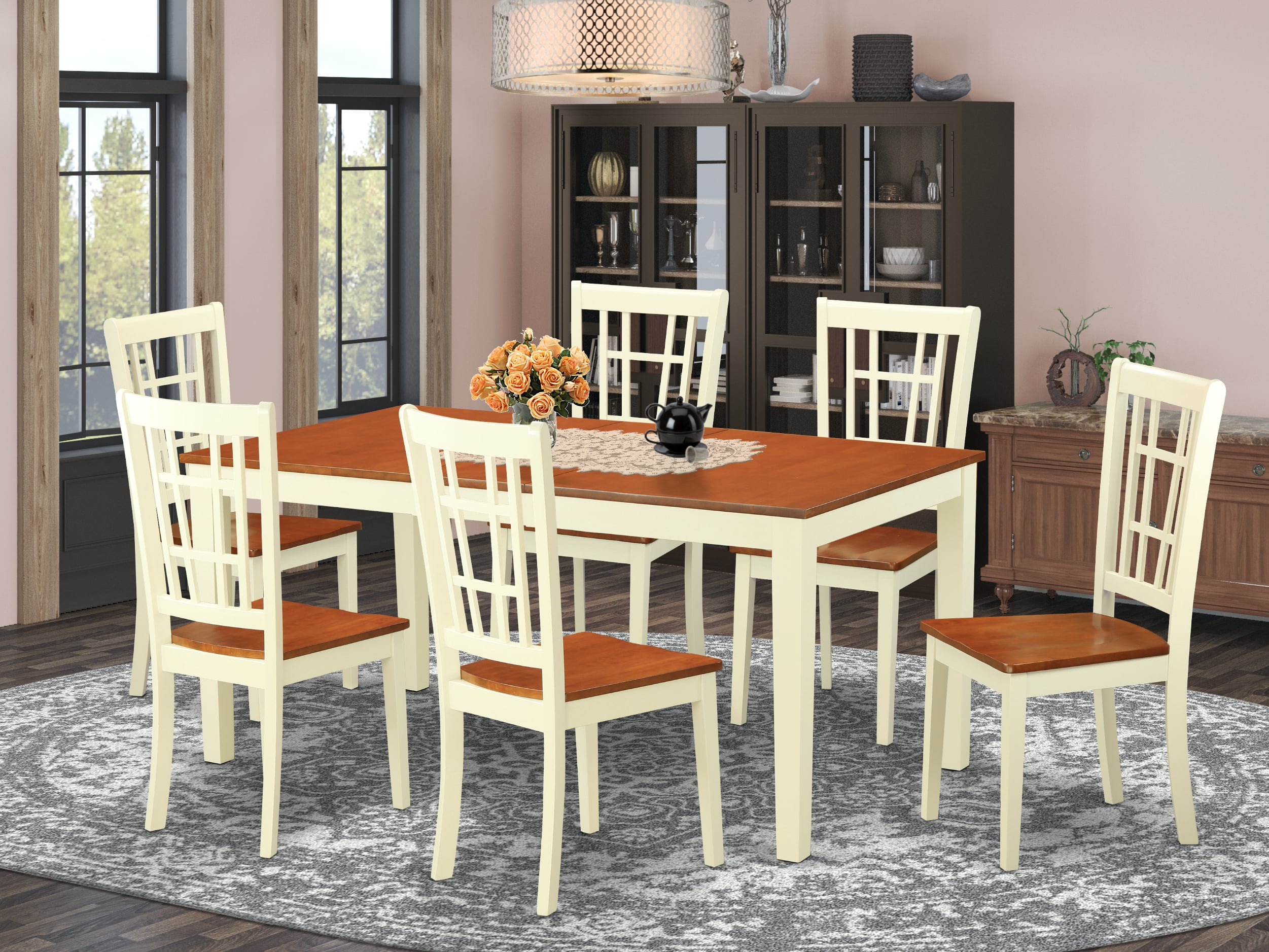 East West Furniture NICO7 WHI W 7 Piece Dining Room Set Dining Table With Leaf And 6 Kitchen Dining Chairs Walmartcom Walmartcom