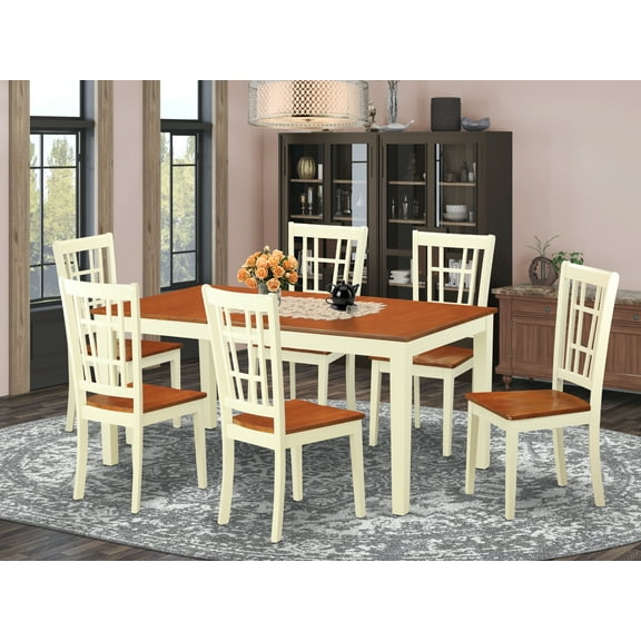 East West Furniture NICO7-WHI-W 7 Piece Dining Room Set-Dining Table With Leaf and 6 Kitchen Dining Chairs