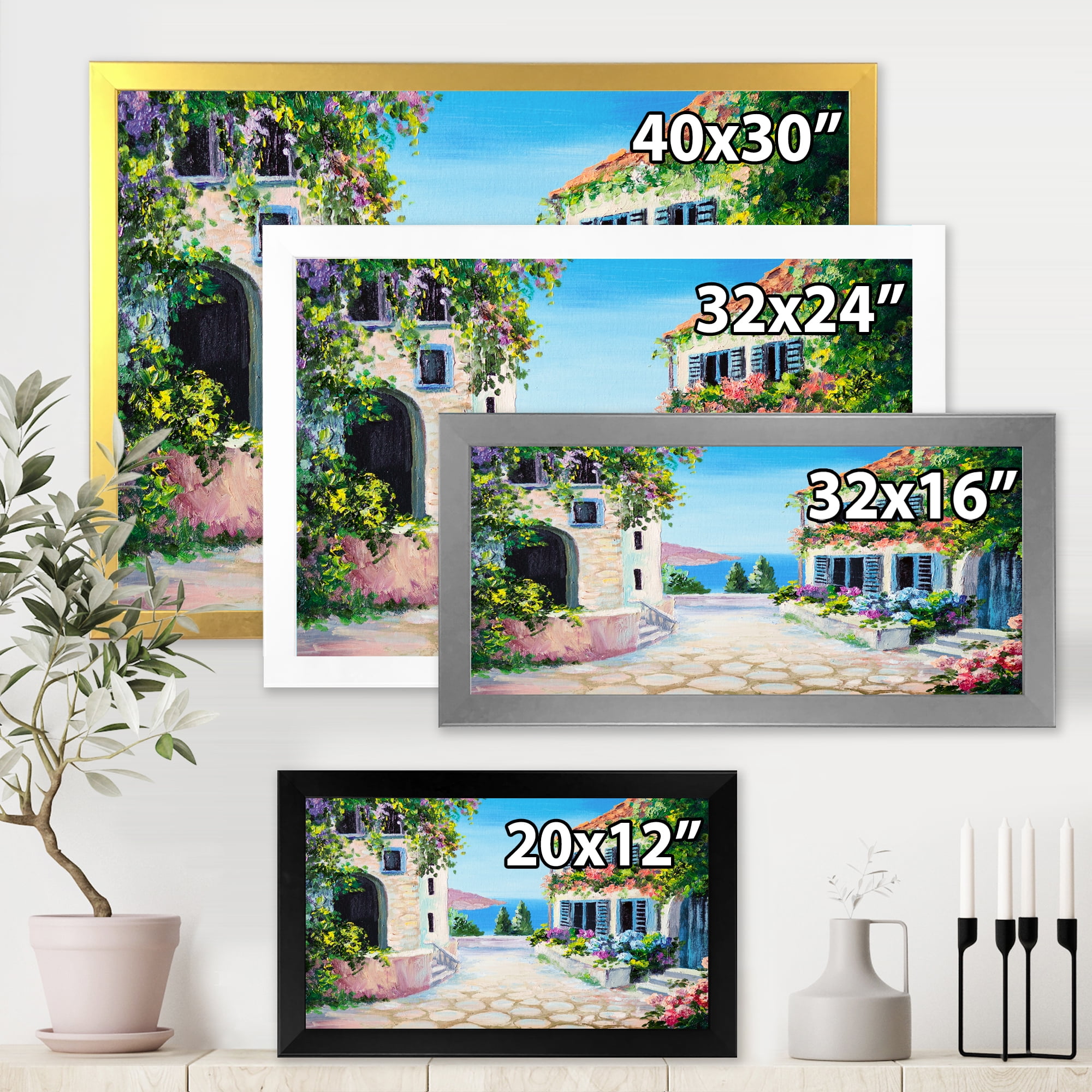Designart 'Blossoming Flowers With White Houses With Near The Sea' Nautical & Coastal Framed Art Print
