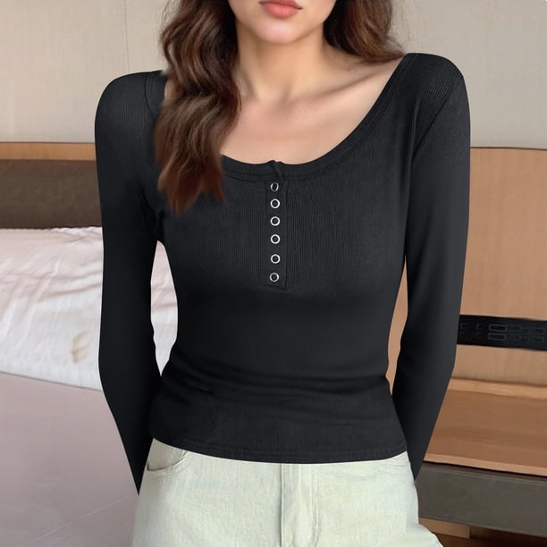 Ailaofu Womens Tunic Shirts Long Sleeve Henley Shapewear Tops Ribbed Knit Base Layers Slim Fit Button Down Blouse