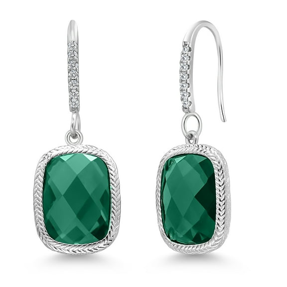 Gem Stone King 925 Sterling Silver Green Nano Emerald Drop Dangle Earrings for Women (4.60 Cttw, 13X9MM Cushion Checkerboard Cut)