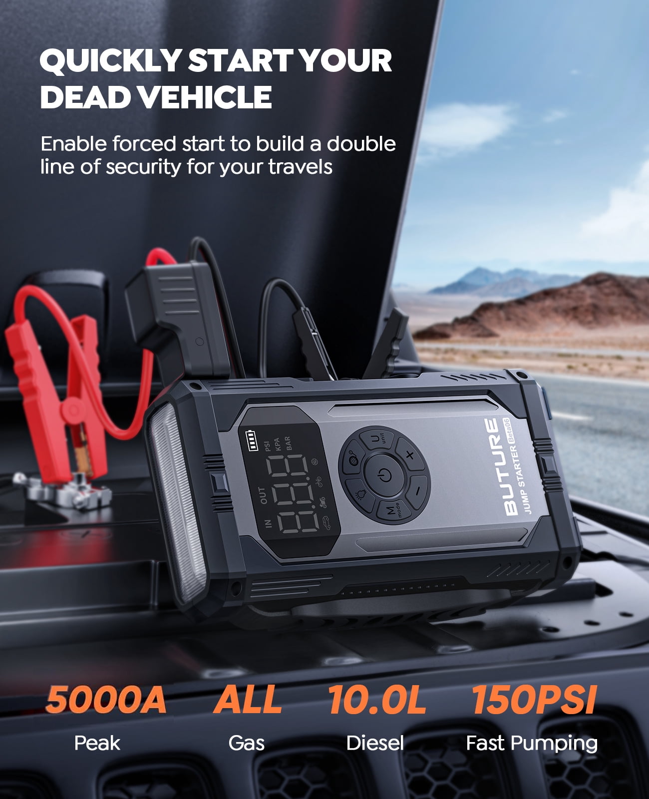 BUTURE 5000A Car Jump Starter with Air Compressor, 150PSI, Portable 12V Battery Booster for All Gas/10L Diesel, LCD Screen, LED Light