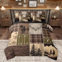 Homewish Western Cowboy Print Twin Bedding Sets 7-Piece for Men, Brown Buffalo Patchwork Bedding Comforter Set, Rustic Farmhouse Reversible Sheet Sets, Microfiber Bedroom Decor