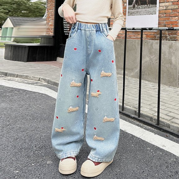 Rvasteizo Girls Denim Pants High Waist Wide Leg Side Pockets Print Loose Kids Long Pants for 3-14 Years