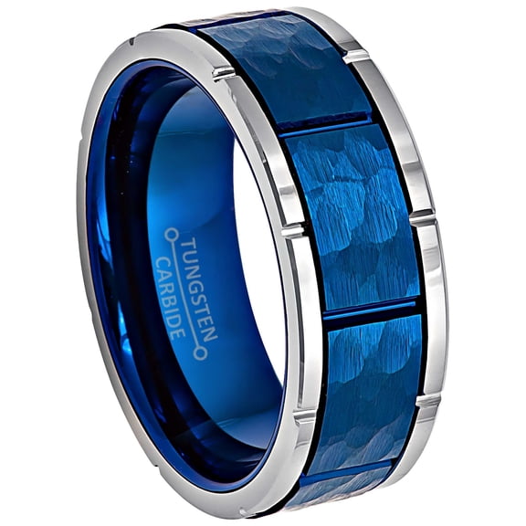 Jewelry Avalanche 2-tone Hammered Finish Blue Tungsten Carbide Mens Wedding Band, Pipe Cut, 8mm, Contemporary Anniversary Ring size