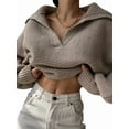 thumbnail image 3 of Women Long Sleeve Sweaters Oversized Stretch Fitted Pullover Sweater Ribbed Solid Color Knit Jumper Tops Khaki S, 3 of 8