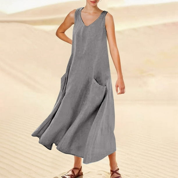 WILLBEST Vestido Corto De Verano Para Mujer, Color Liso, Sin Mangas, Cuello En V, Elegante, Holgado, Informal, Largo, Con Bolsillos, Cómodo Y Elegante Para Uso Diario.