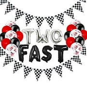 Two Fast Birthday Decorations, Race Car Birthday Decorations, 2nd Second Birthday Party Supplies for Boy Girl Kids, Let?s Go Racing Chequered Checkered Black and White Pennant Banner Flags