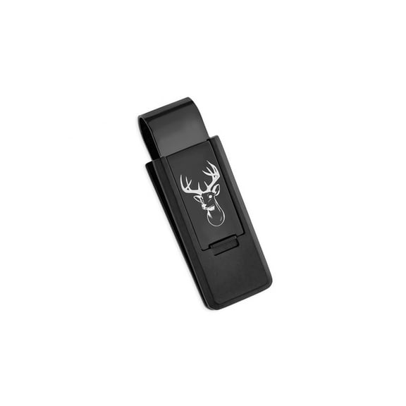 Mens Black Plated Stainless Steel Lasered Buck-Head Flip Money Clip for Men
