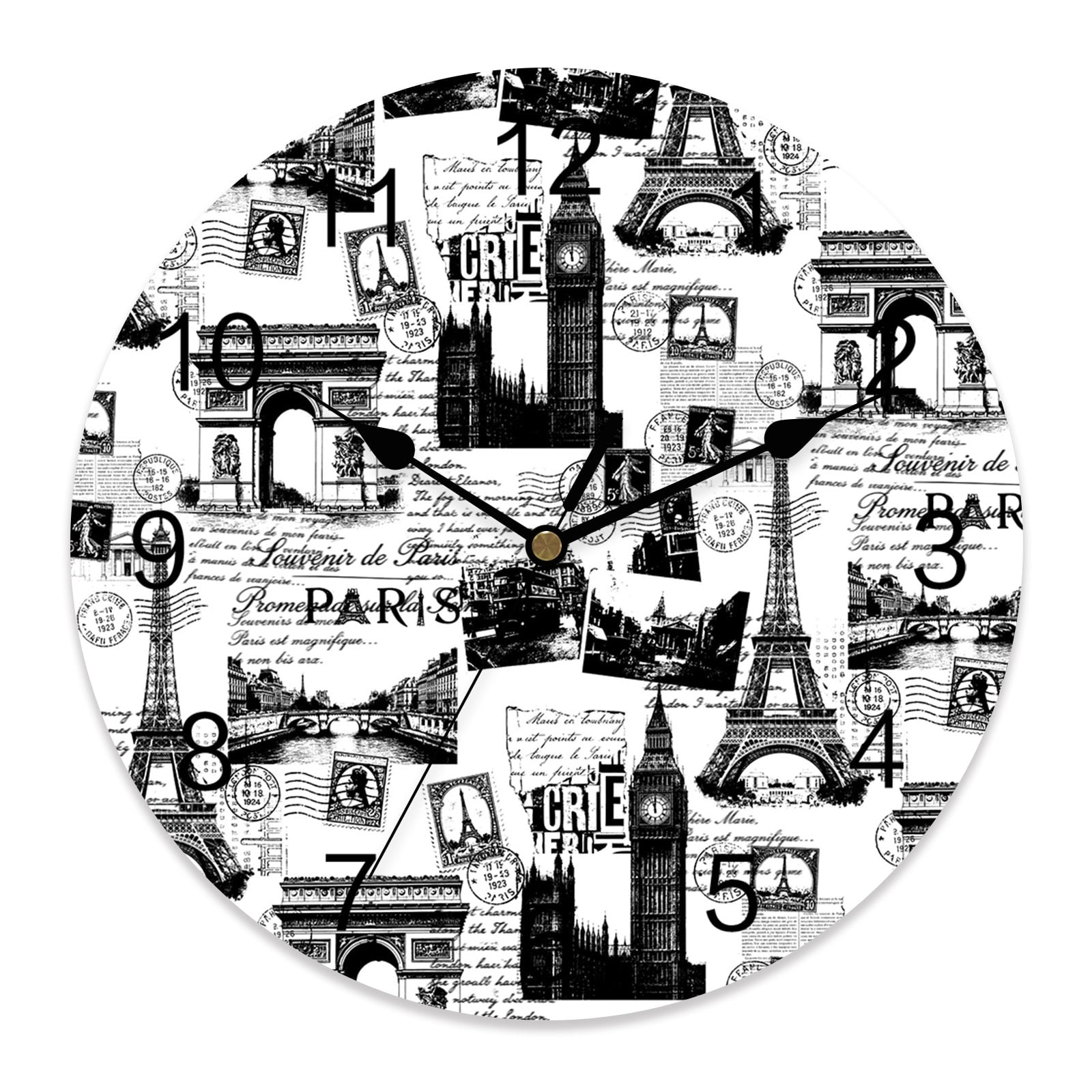 10 Inch Vintage Art Wall Clock, International Buildings Paris Towers White Black Battery Operated Silent Non Ticking Clocks, Easy to Read Round Wall Clock for Kitchen/Living Room/Bedroom/Bathroom