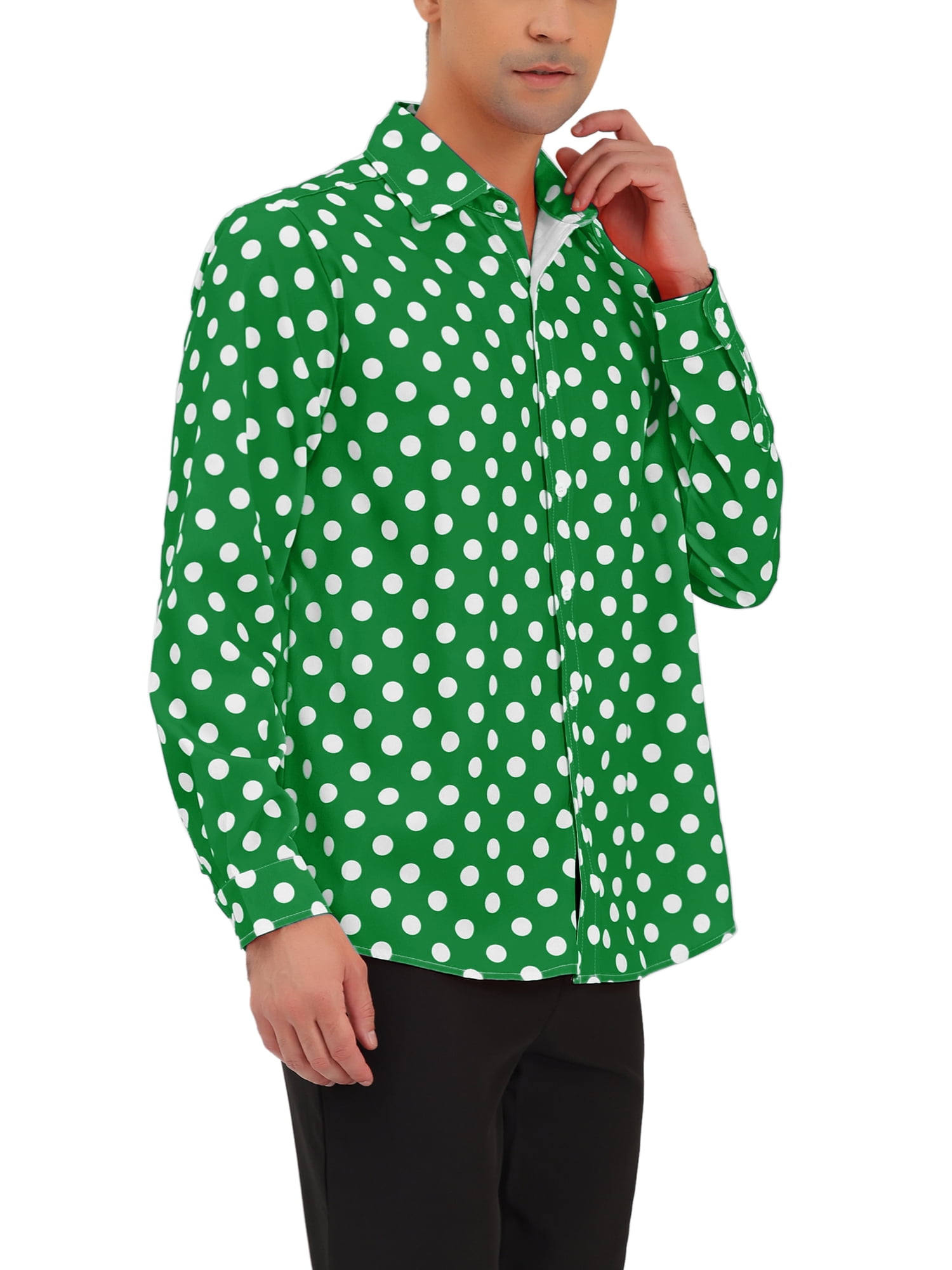 Unique Bargains Men's Long Sleeve Button Slim Polka Dots Shirt 46 Dark Green