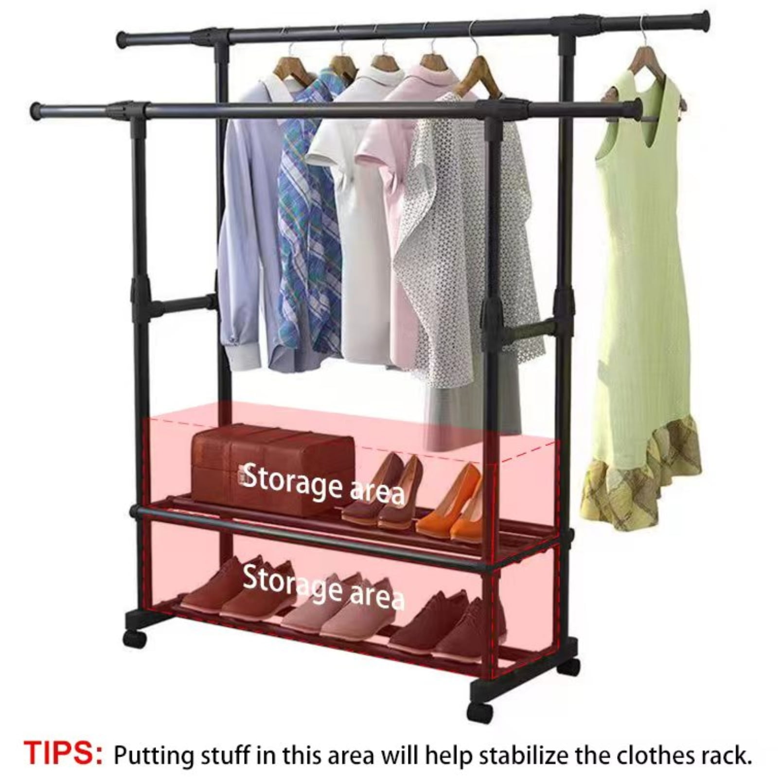 Garment Rack with Shelves, Adjustable Height with Rolling Wheels, Multi