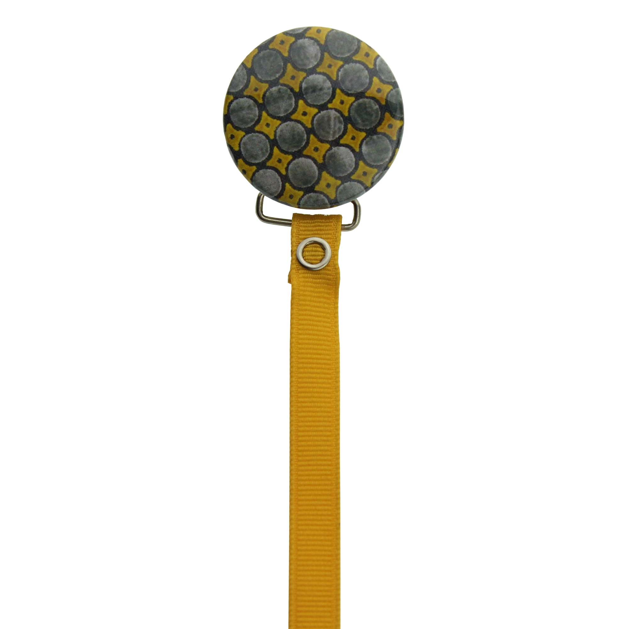 Mustard and Grey Circles Pacifier Clip with Matching Ribbon