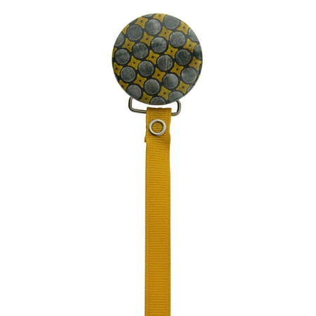 Mustard and Grey Circles Pacifier Clip with Matching Ribbon