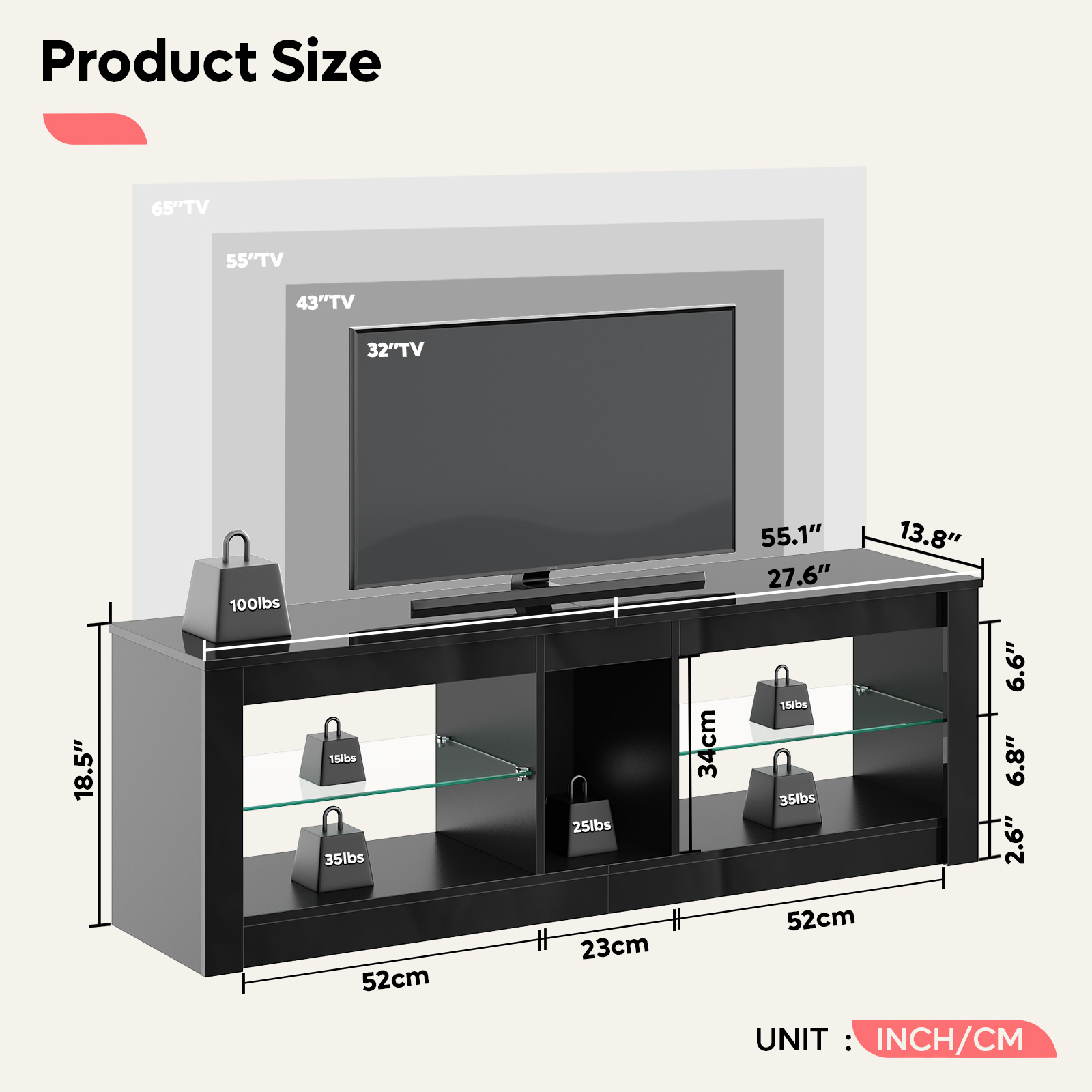 Bestier 60" TV Stand with LED Lights, Black photo 5