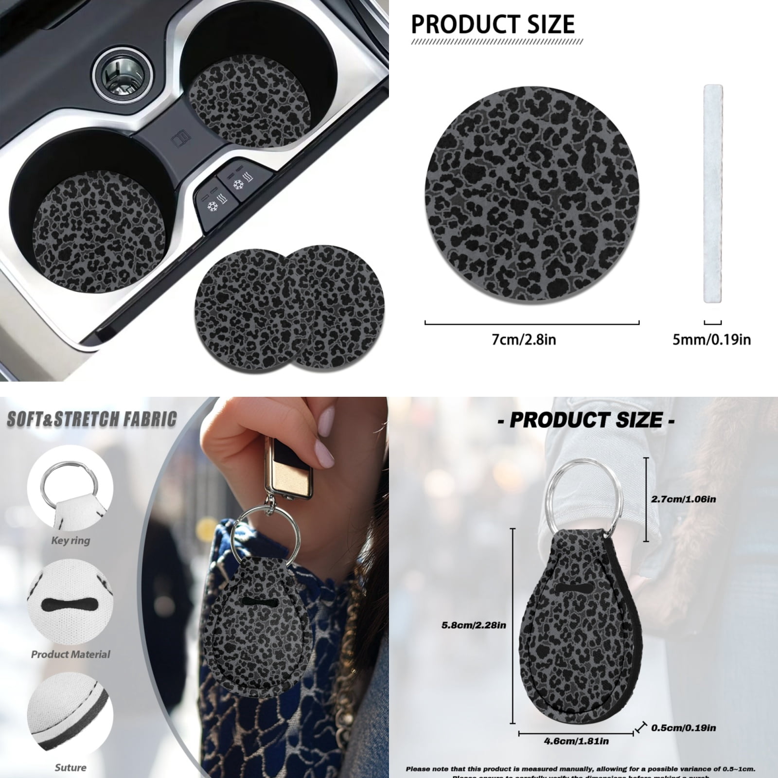Yuyamidu Black Leopard Print Car Seat Cover Set Steering Wheel Covers Auto Seatbelt Pads Cup Coaster Lipstick Organizer Keychain Wrist Key Chain, 12 Piece