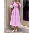 thumbnail image 4 of Women Button Front Pleated Shirt Dresses Summer Casual Short Sleeve Pleated Blouse Mini Dress Pink L, 4 of 8