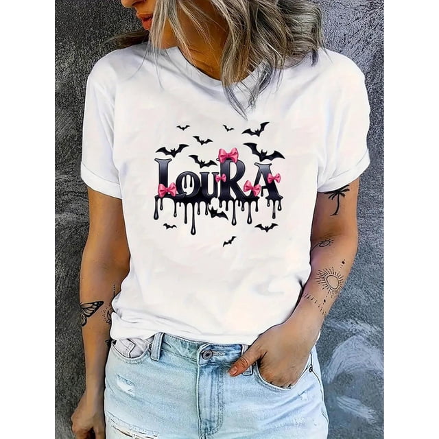 Camiseta para mujer veranoMinimalist English Butterfly Bat Pattern Print T-shirt, Short Sleeve Crew Neck Casual Top For Summer & Spring, Women's ClothingFather's Day, Mother's Day, New Year, Spring